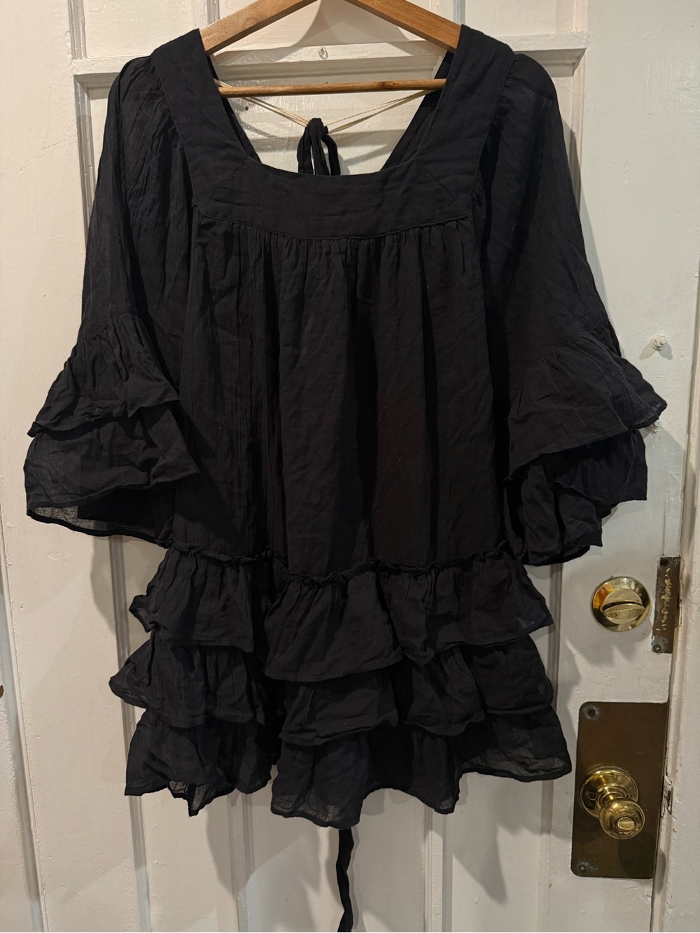 Free People Black Ruffled Square-Neck Tunic